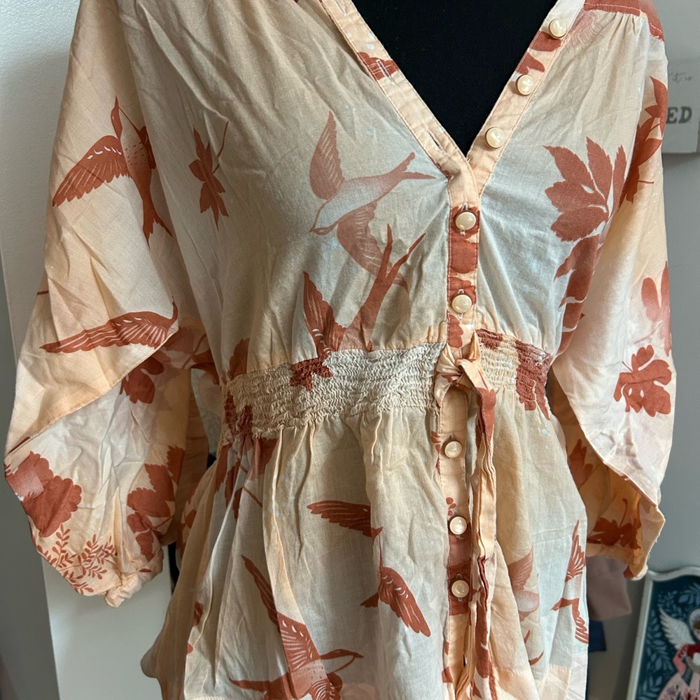 Lux Bird and Leaf Print Blouse - Cream and Brown